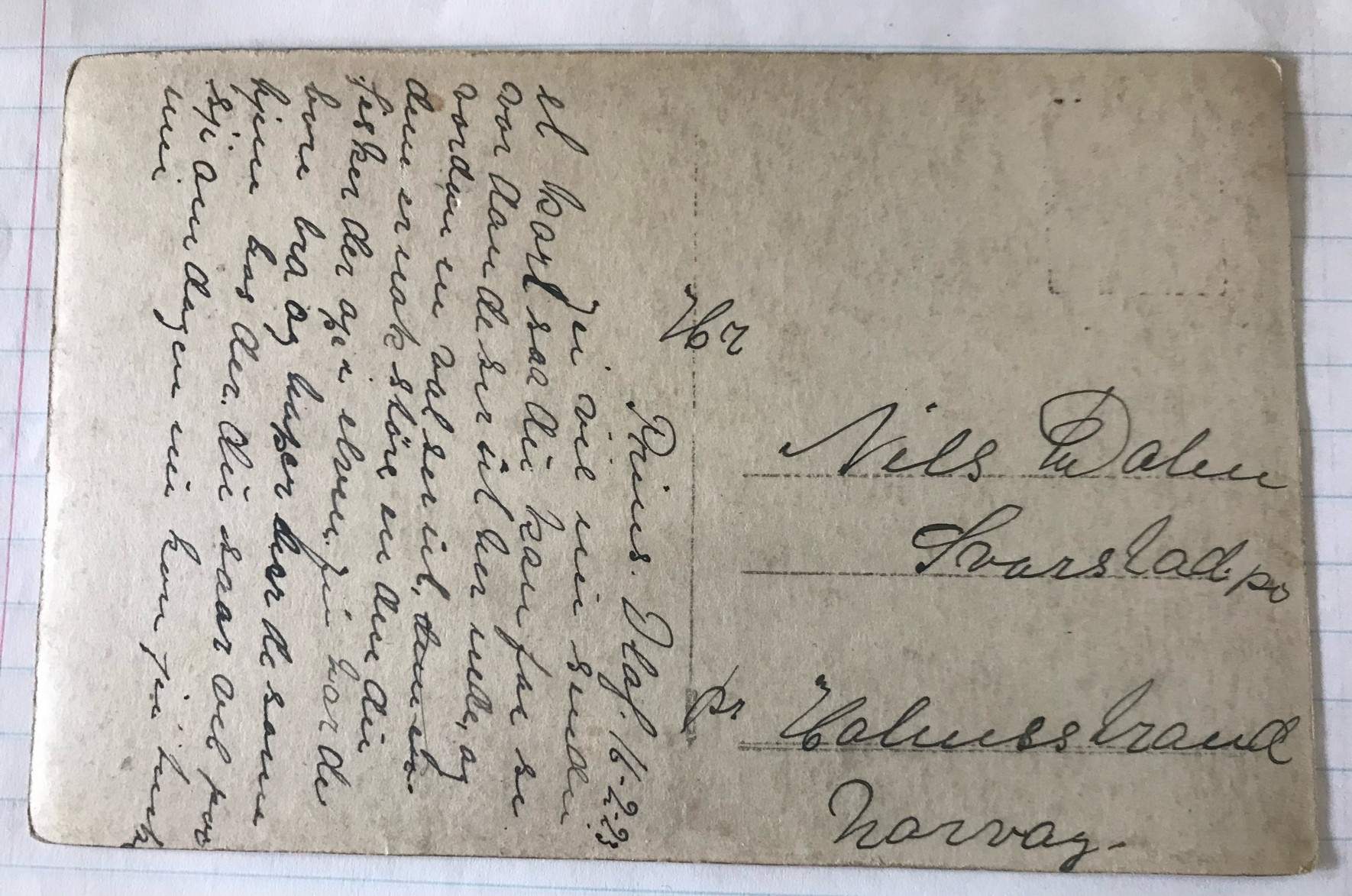 Reverse of postcard sent to Emil Hvaal&rsquo;s cousin from South Georgia on 16 Feb 1923