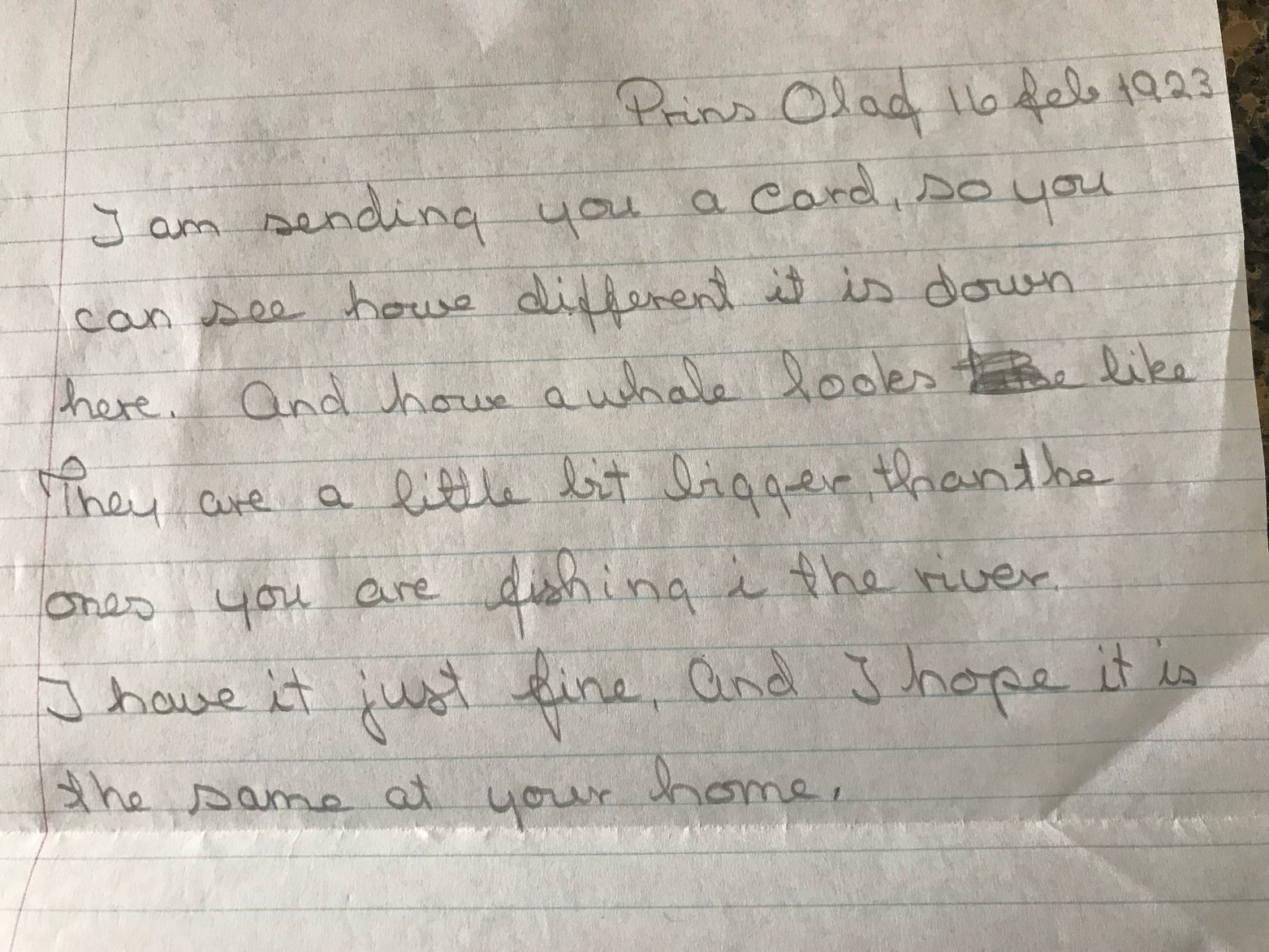 Translation of postcard sent to Emil Hvaal&rsquo;s cousin from South Georgia on 16 Feb 1923