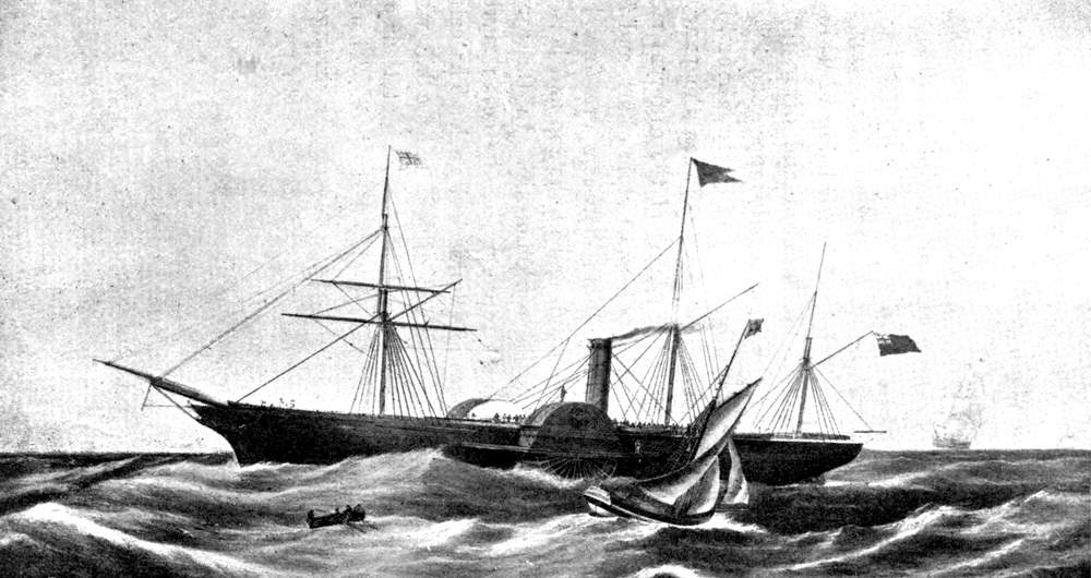 A three-sailed paddle steamship